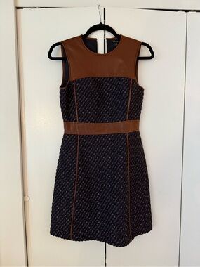 New/Never Worn Theory Navy Tweed Mini Dress with Brown Faux-Leather Trim